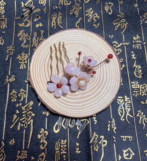 《粉色现货》天然石玉簪花汉服发饰粉晶黄玉玛...