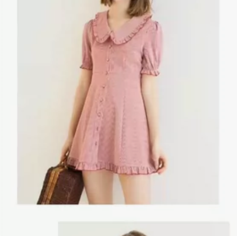 复古甜美娃娃领泡泡袖格子连衣裙仙女裙学生短...