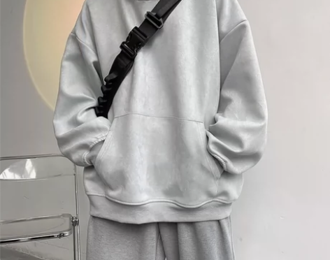 @港仔文艺男+鹿皮绒连帽卫衣男春季宽松男生...