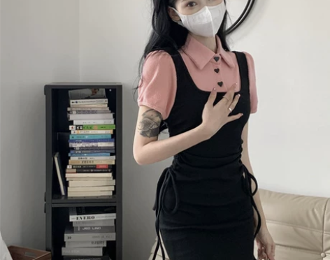 2023年新款夏季茶歇法式气质抽绳假两件背...