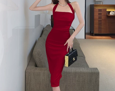 法式挂脖吊带连衣裙女夏季2023年新款高级...