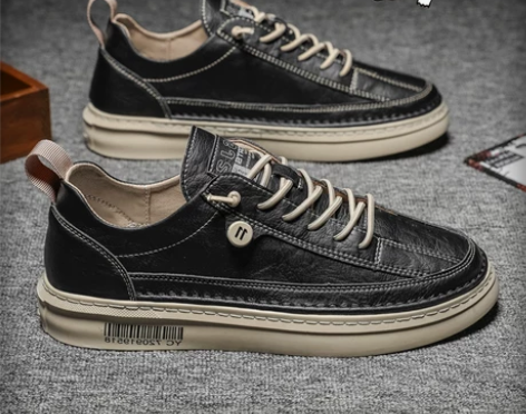 黑色板鞋男士休闲鞋子皮鞋男鞋秋冬季2023...