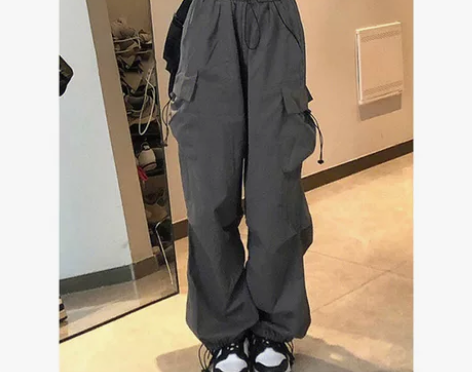 美式复古嘻哈直筒抽绳工装裤女大码胖mm运动...