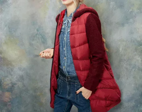 妖精的口袋南太平洋 冬装毛呢拼接A字羽绒服...