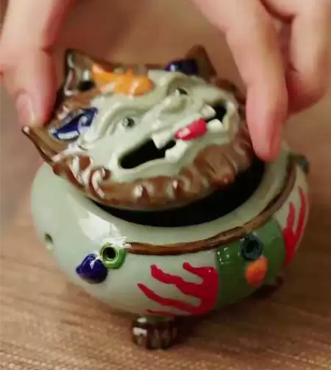 彩陶狻猊盘香炉陶瓷手彩熏香摆件倒流香薰炉创...