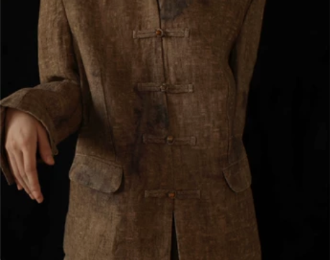 白丁艺术家新中式复古风手工药染亚麻外套设计...