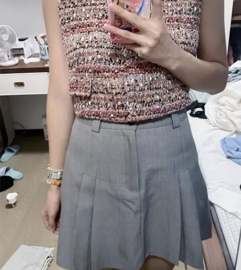 灰色A字裙半身裙西装款褶皱百搭裙 M码 之...