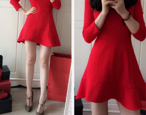 酸酸家 新款加厚修身不规则荷叶边小翘臀连衣...