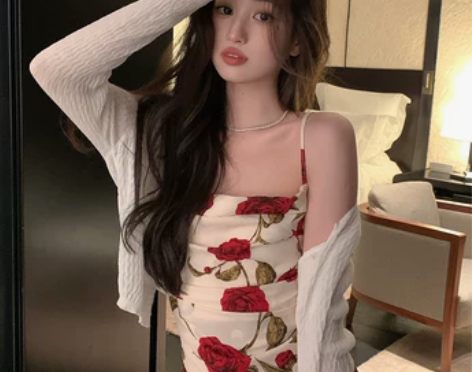 邱肉瑶2022年夏季新款碎花紧身性感吊带连...