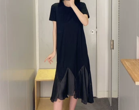 极简JNB江南风黑色气质针织不规则鱼尾连衣...