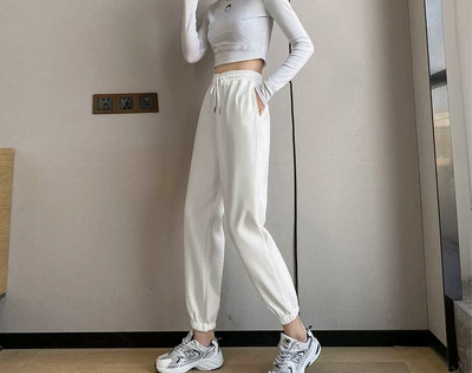 八分白色加绒卫裤女秋冬150小个子显瘦收口...