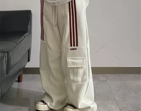 美式高街休闲三条杠工装裤大码宽松直筒垂感复...