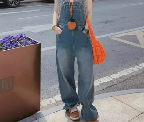 美式复古高腰牛仔背带裤女2023秋季小个子...