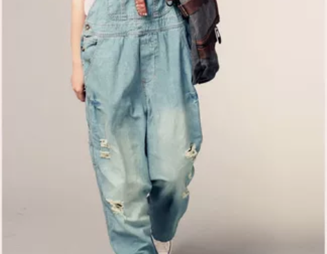 BF风宽松大码胖MM浅色水洗磨白磨破做旧牛...