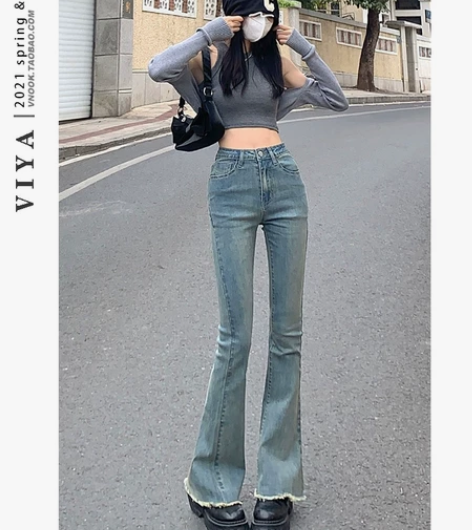 复古蓝微喇高腰牛仔裤女弹力修身显瘦辣妹直筒...