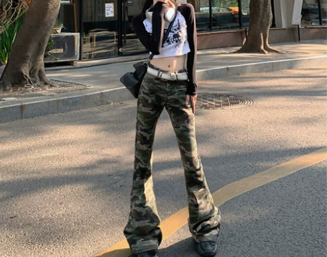 美式复古工装迷彩牛仔裤女夏季高街辣妹修身显...