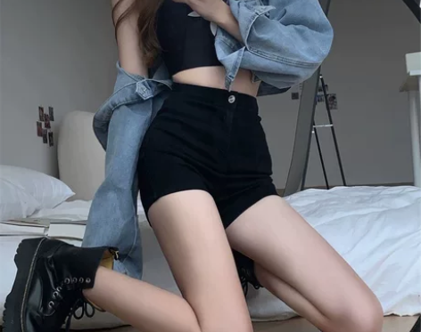 黑色a字牛仔短裤女夏季辣妹弹力高腰显瘦小个...