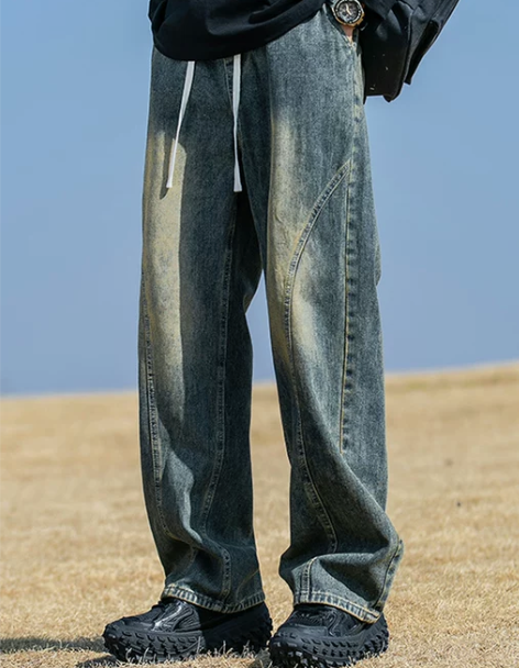 ZCZA美式牛仔裤男直筒复古宽腿做旧高街潮...