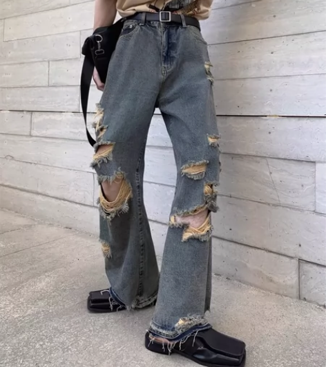 秋山风/小众高街破洞牛仔裤男潮牌水洗复古阔...
