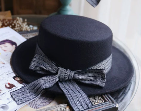 千鸟格英伦学院风平顶帽子女秋冬天礼帽羊绒呢...