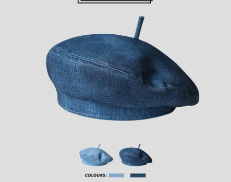 胡茬叔叔四季款贝雷帽女生光身纯色牛仔蓝色画...