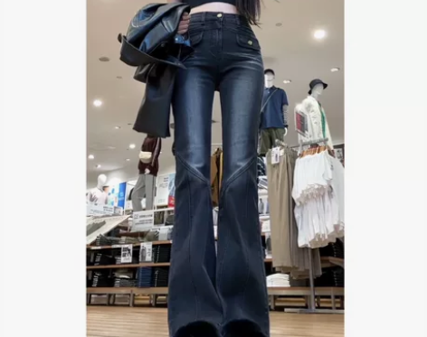 黑色复古微喇牛仔裤女2024年春季新款修身...