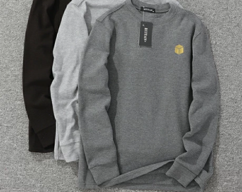 横纹针织华夫格纯棉长袖T恤秋季新品流行休闲...