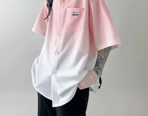 渐变短袖衬衫男夏季薄款宽松大码休闲五分袖衬...