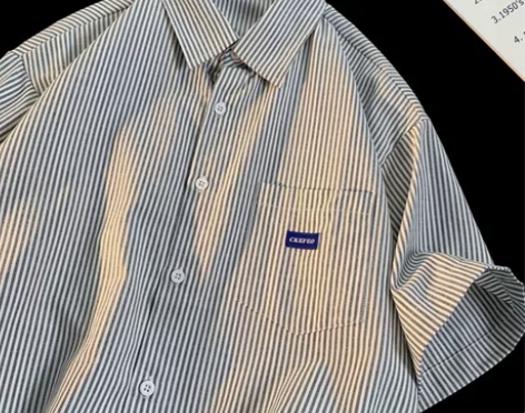 条纹短袖衬衫男夏季潮牌oversize休闲...