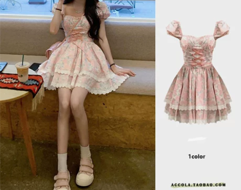 裙子女小众设计感法式蝴蝶结网纱泡泡袖粉色碎...