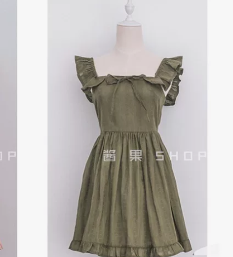 连衣裙 日系复古纯棉暗纹刺绣小飞袖软妹可爱...