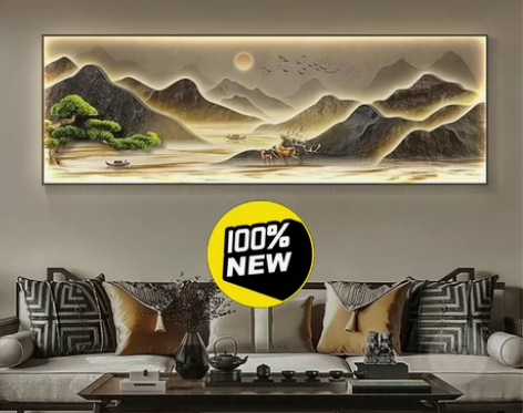 流水生财山水画新中式客厅装饰画高级沙发背景...