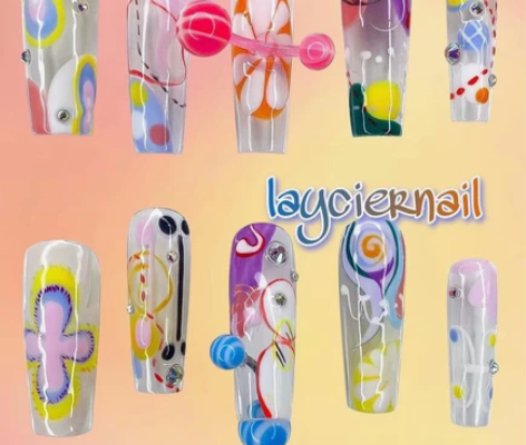 穿环色彩手绘款穿戴甲欧美美甲夏日美甲y2k...