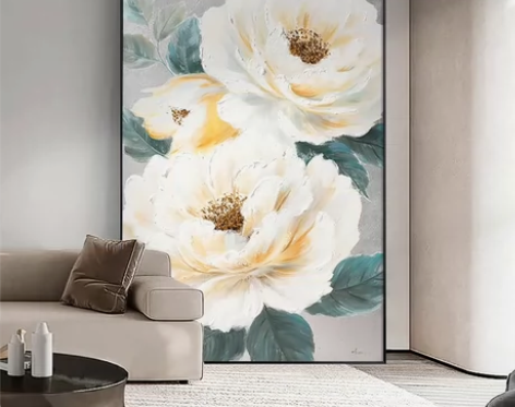 手绘油画牡丹高级感装饰画竖版大芬村客厅画挂...