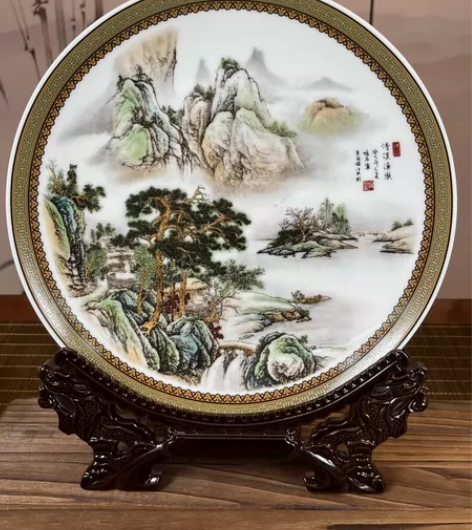 粉彩山水清溪渔乐白瓷赏盘景德镇陶瓷带支架家...