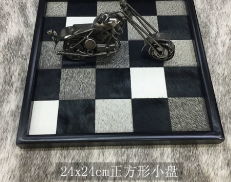 马毛棋盘格托盘玄关收纳化妆品桌面托盘黑白灰...