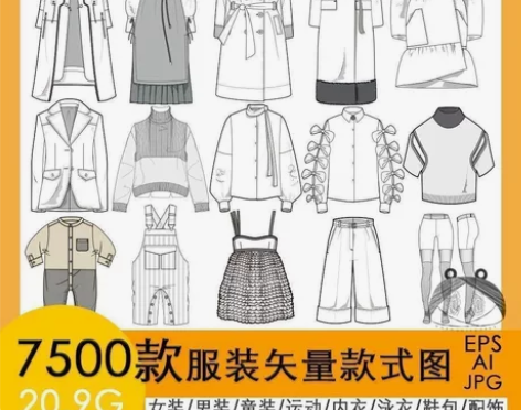 服装设计款式图可编辑男女装童装AI素材cd...