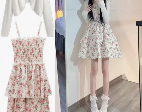 奶甜少女碎花吊带连衣裙秋温柔气质绝美法式高...