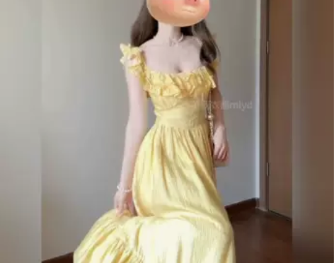 MLYD/定制 大码法式荷叶边方领连衣裙黄...