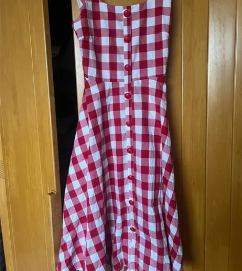 复古赫本风 法式红色格子吊带露腰连衣裙 度...