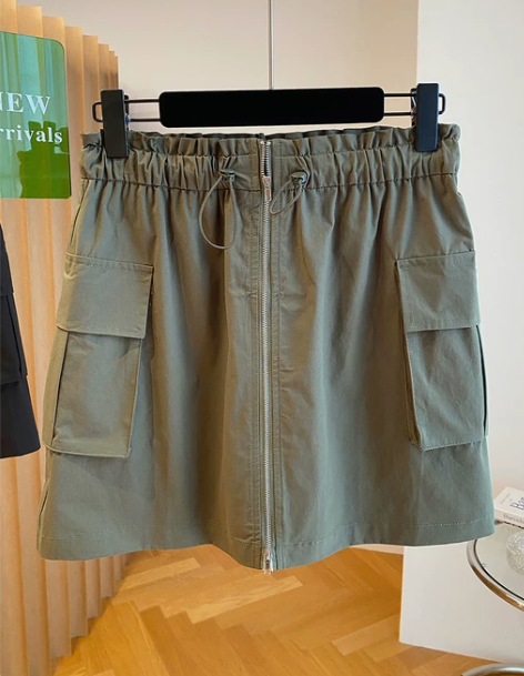 复古绿色拉链抽绳工装短裙女夏季2024新款...