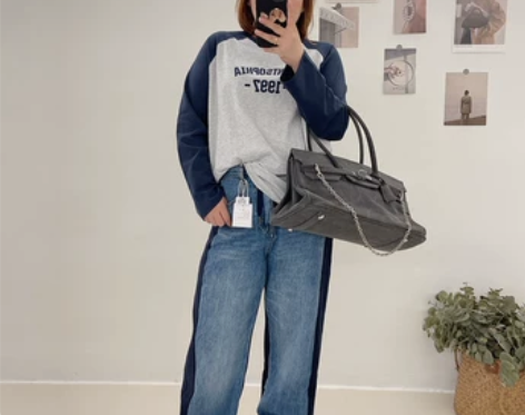 rose姐家大码秋冬韩版中性风牛仔拼接抓绒...