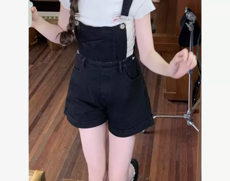 韩系chic设计感牛仔背带裤女2023年夏...