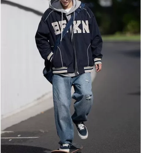 水洗破洞牛仔裤廓形宽松直筒复古流行潮牌长裤...