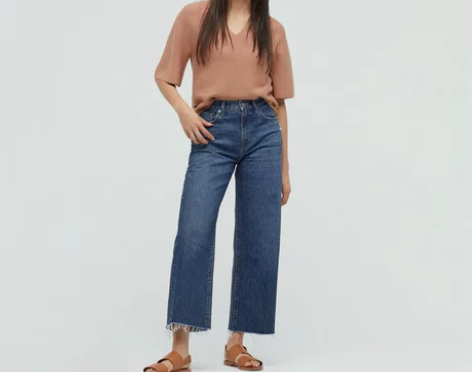 优衣库 女装 高腰宽腿直筒牛仔七分裤(水洗...