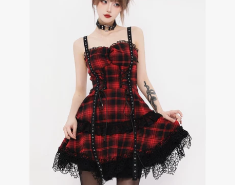 玫瑰与烟枪//辣妹黑红吊带格子连衣裙女新款...