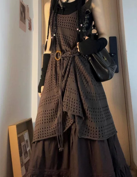 美拉德复古叠穿咖色开衫半身裙装女夏套装新中...