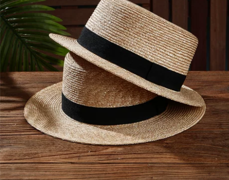 平沿帽男士欧美硬顶复古草编遮阳防晒boat...