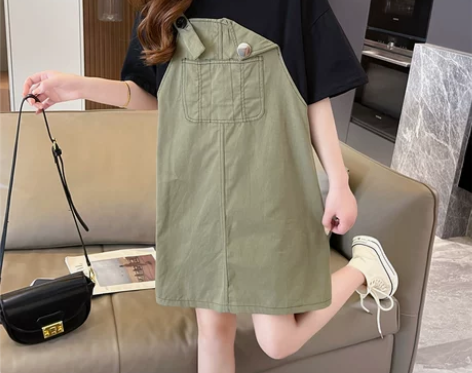 大码假两件背带裙夏季胖mm牛仔拼接连衣裙女...