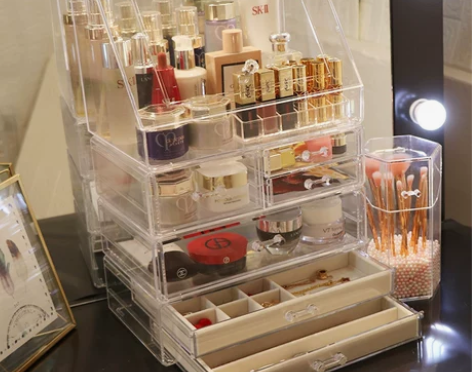 网红化妆品收纳盒梳妆台置物架桌面防尘家用收...